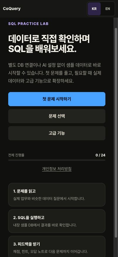 CoQuery 학습 홈: 첫 문제 시작하기, 문제 선택, 학습 진행률